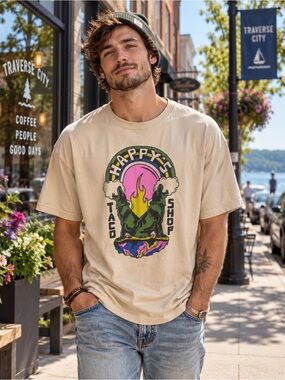 Next Level Apparel Beige Graphic Tee with Multicolor Happy's Taco Shop Print